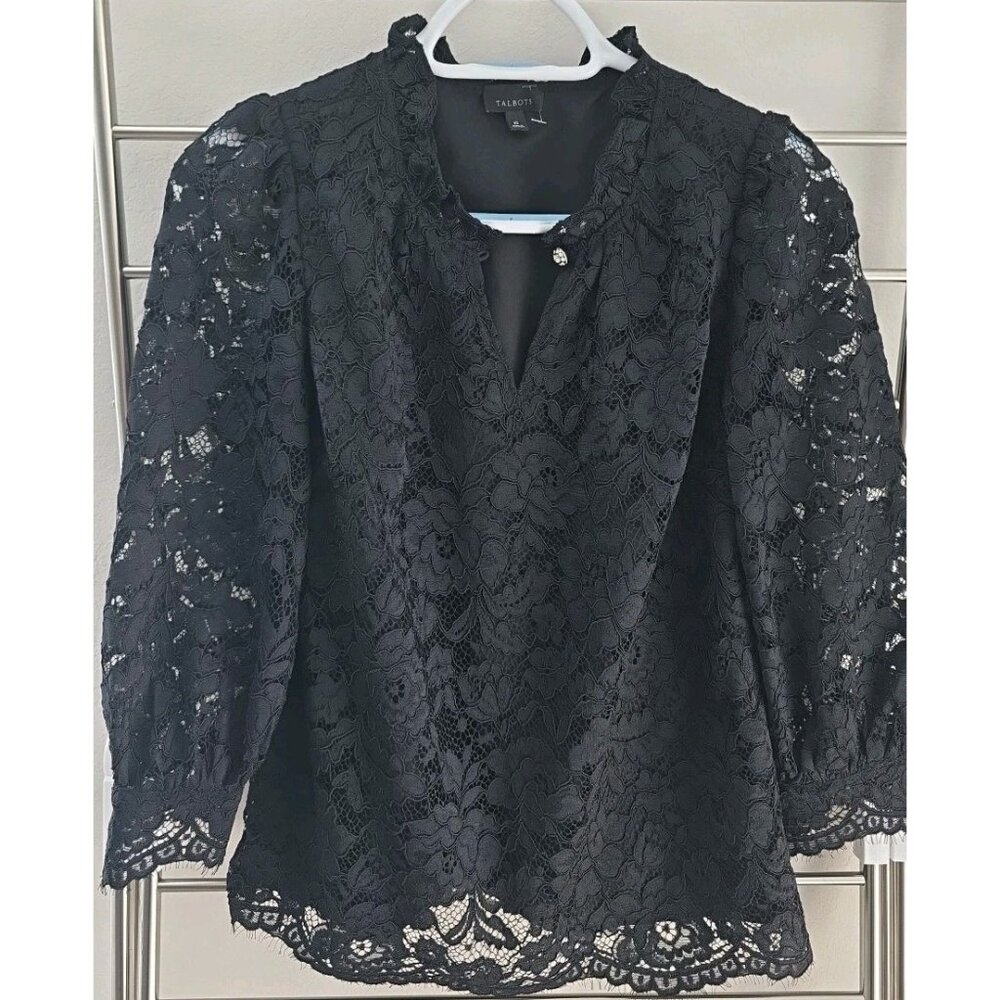 Talbots Womens‎ XS Floral Lace Blouse Black Sheer Sleeve V Neck Lined